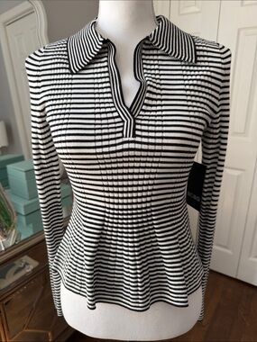BCBG Black & White Striped Long-Sleeve Peplum Polo Knit Top S ❤️